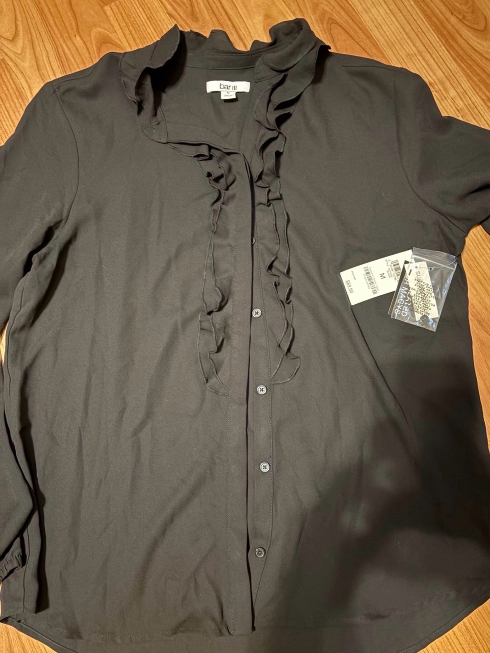 Bar III Black Ruffle-Trim Button Front Blouse